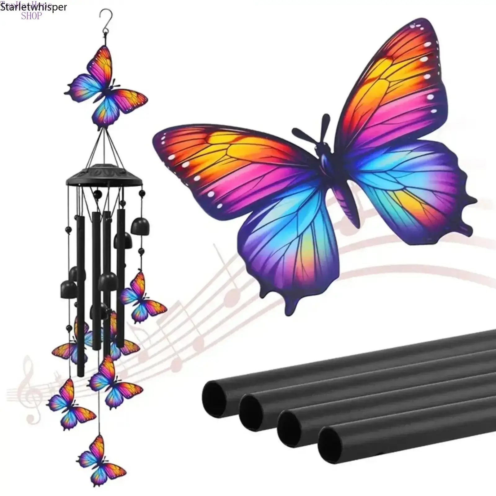 Black Metal Butterfly Wind Chimes, Sturdy Outdoor Hanging Ornament, Beautiful Garden Yard Patio Home Decor, Lovely Practical Present, Ideal Birthday & Memorial Gift Choice for Mom Grandma Women and Men