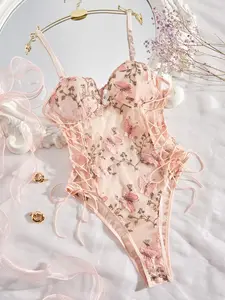 Women's Floral & Butterfly Embroidery Lace Up Sheer Sexy Bodysuit, Adjustable Strap Backless Sleeveless Bodysuit for Summer, Fashion Women's Clothes for Daily Wear, Strappy Lingerie Outfits