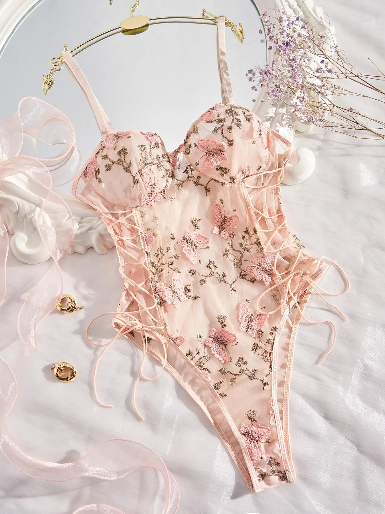 Women's Floral & Butterfly Embroidery Lace Up Sheer Sexy Bodysuit, Adjustable Strap Backless Sleeveless Bodysuit for Summer, Fashion Women's Clothes f