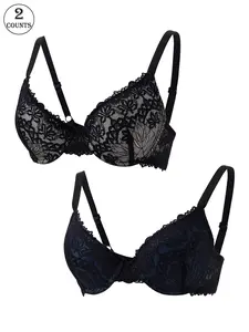 2pcs floral Lace Underwire Push Up Everyday Women Bra with Adjustable Shoulder Straps Back Closure and Sexy Casual Back Shaping Design