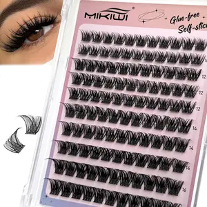MIKIWI Self Adhesive Lash Clusters, No Glue Needed Wispy D-Curl Lash Clusters 10-16mm Pre Glued Eyelashes Clusters No Residue Self Adhesive Eyelashes