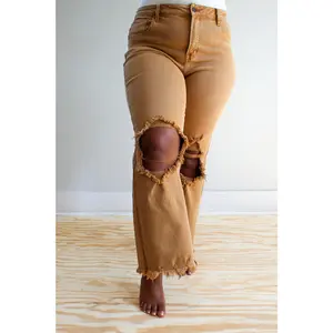 Harlow Distressed Ankle Flare • Camel - PLUS - FINAL SALE