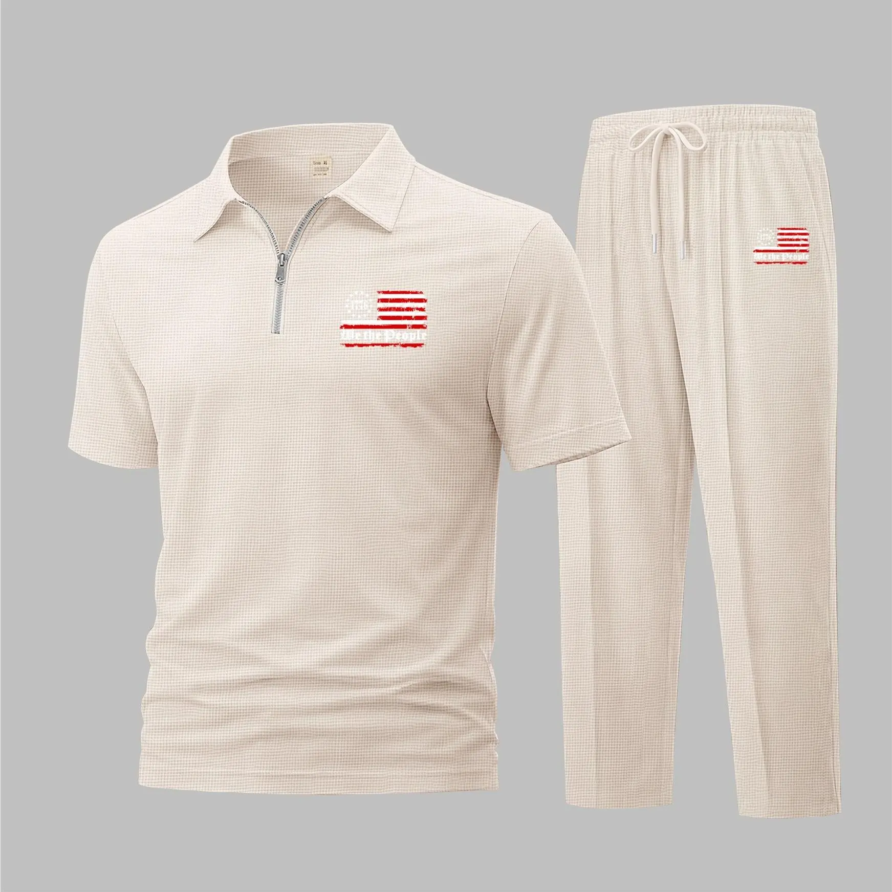 Men's “We The People” Graphic Print Waffle Knit Polo Shirt and Athletic Pants Set, Short Sleeve Zip-Up Collar Two-Piece Outfit, Casual Sportswear, Lightweight Breathable Comfortable Daily Wear Travel Loungewear