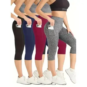4-Pack High Waisted Booty Sculpting Yoga Capris, Compression Leggings with Side Phone Pocket Fitness Pants