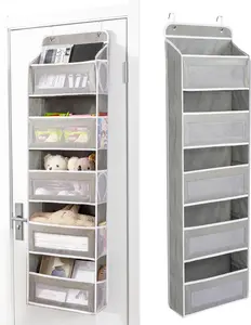 5-layer storage rack behind the door - A large-capacity door-rear hanging shelf equipped with 10 mesh compartments and transparent windows, suitable for storage and organization in dressing rooms, bedrooms, and living rooms. The color is grey.door storage