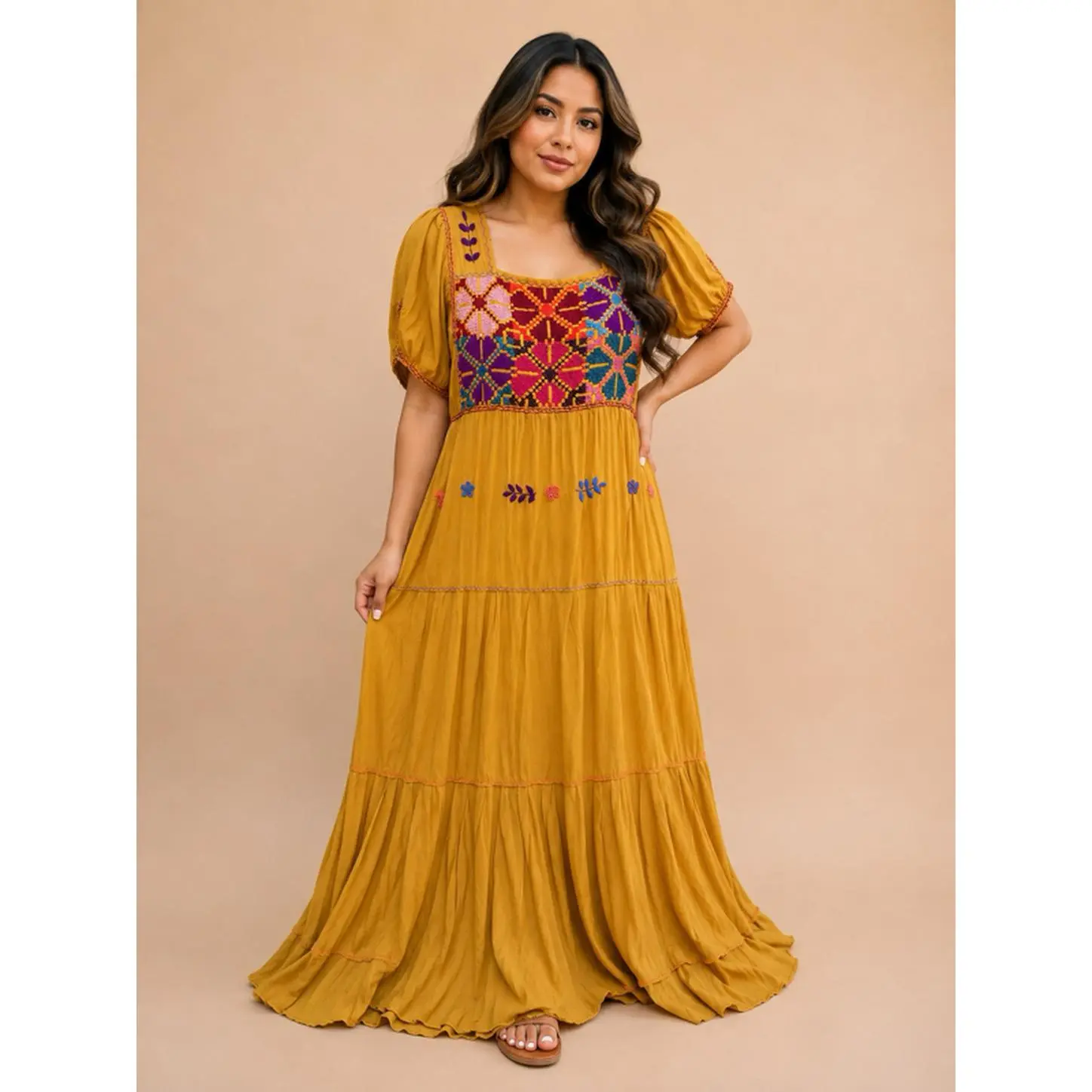 Chiapas Hand Embroidered Yellow Rayon Dress for Women - Artisanal Craftsmanship from Chiapas Mexico - Perfect for Petite to Plus Sizes