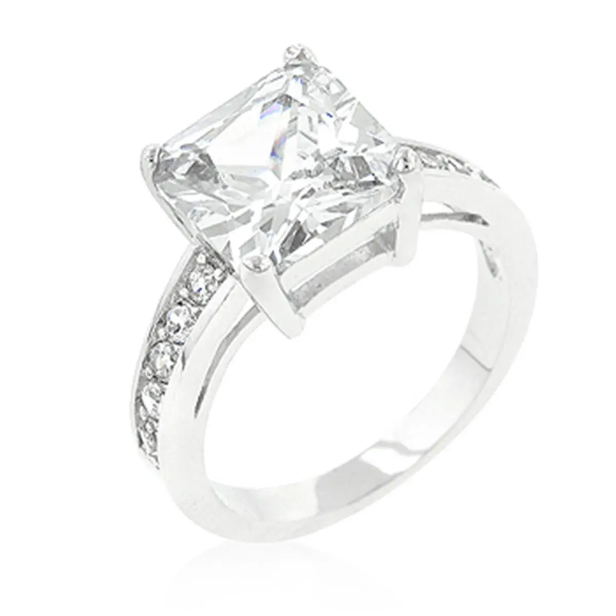 Genuine Rhodium Plated Raised Pave Engagement Ring Featuring a 10 mm Princess Cut Center Stone and 2 mm Side Stones in Silvertone - Size 6