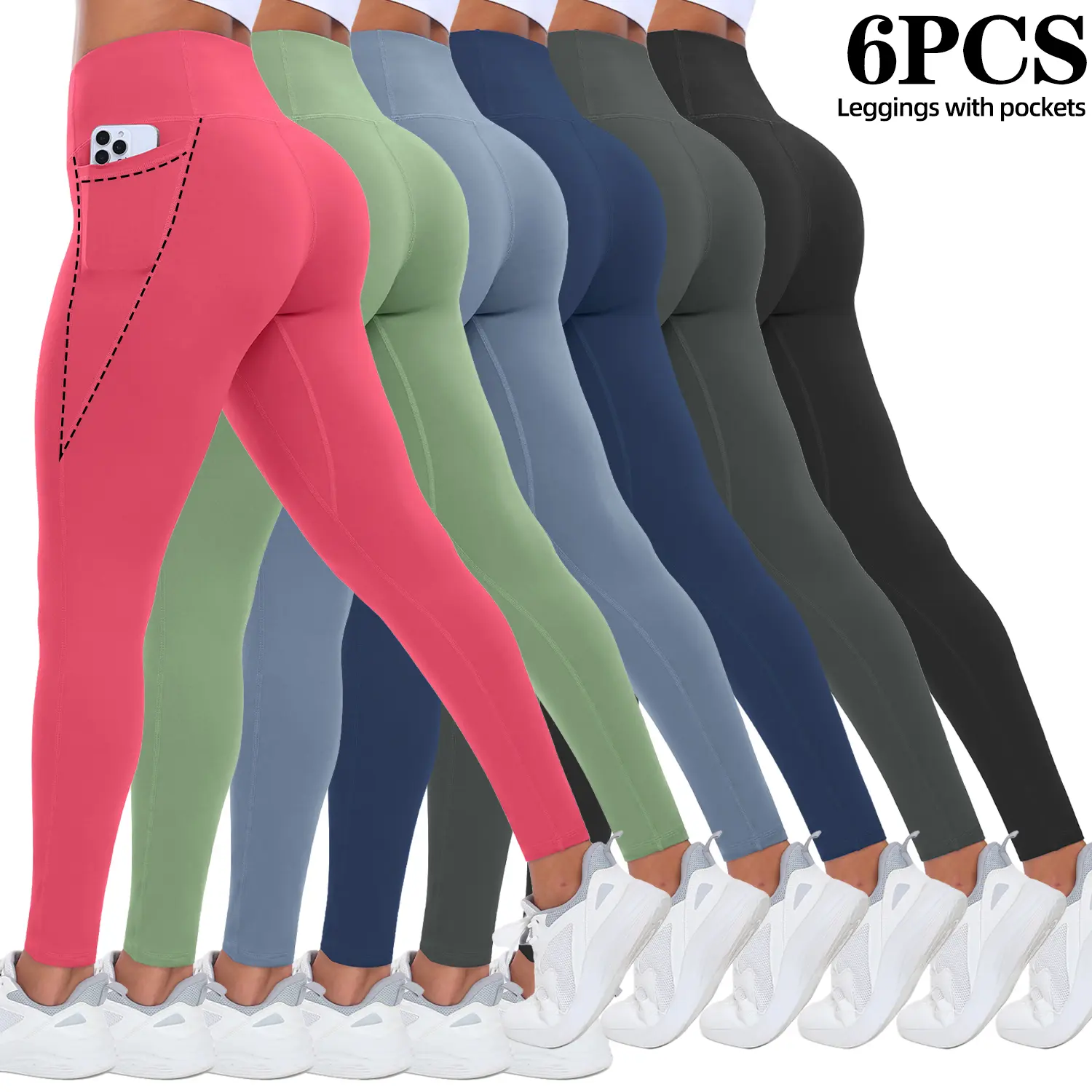 Women's 3/5/6-Pack High-Waisted Leggings Leg - Ultra-Soft Stretch Slim Activewear Pants for Women with Pockets, Assorted Colors for Yoga, Gym, Sporty Sports Bottoms Gym Workout Sportswear Gym Tights Clothes