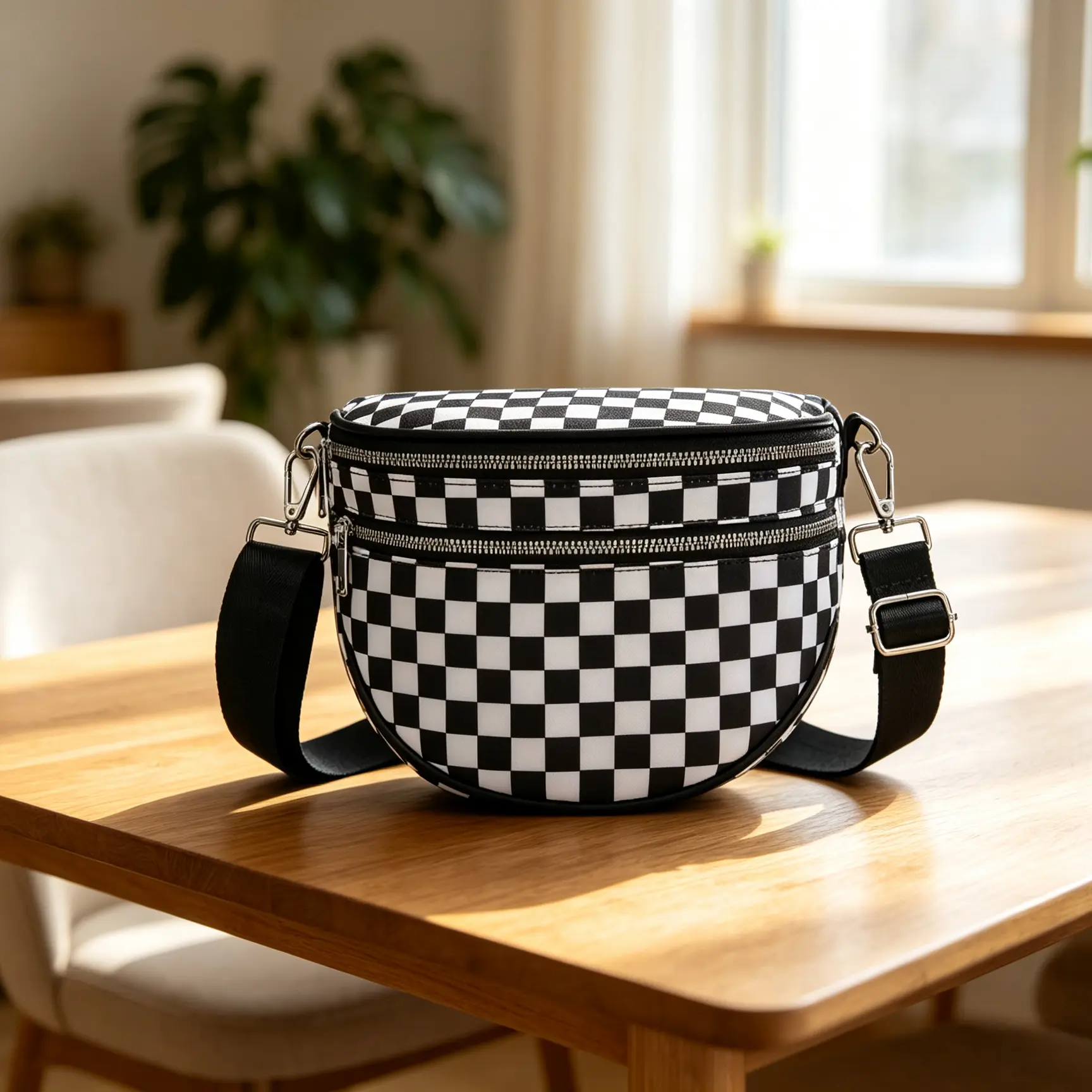 Lightweight Waterproof Nylon Checkerboard Home Organizer Storage Bag - Adjustable Buckle Strap, Detachable Casual Shoulder Sling, Moon-Shape Waist Crossbody, Ideal for Travel & Concerts