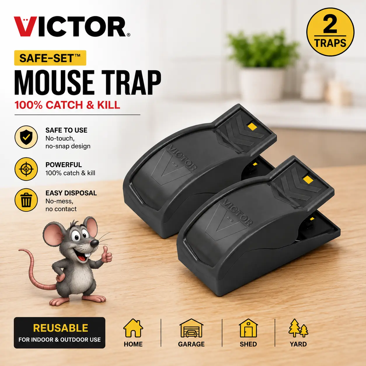 Victor M070B Model Power Trap Set - Easy Setup, Quick Clean Rodent Disposal Reusable Mouse Traps for Home Users (2 Count), Reusable Traps