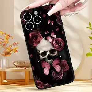 Creative Pink Rose Skull Head Print Phone case for iPhone 16 Pro Max 15 Plus 14 13 12 11 XR XS  Anti-Scratch Shockproof TPU Bumper Drop-proof Cover  gift for women men
