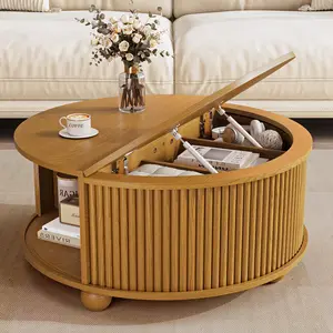 【SummerVibes】DHH 31.5" Round Lift-Top Coffee Table with Fluted Sliding Door, Mid-Century Modern Center Table with Hidden Storage for Living Room