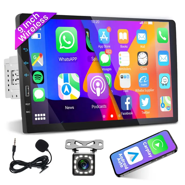 Rimoody 1-Din 9-in Touch Screen Universal Car Stereo Radio - 4x45W Max Multimedia Player with Wireless CarPlay, MirrorLink, Bluetooth, FM Receiver, Rear View Camera Support, Navigation (Spanish, Russian, Italian, German), Audio, Video (Father's Day Gift)