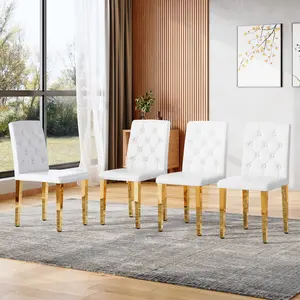4-Pack White PU Dining Chairs Ergonomic Buckle Backrest Gold Metal Legs 35" Tall for Kitchen Dining Room Hotel - White+Gold,summervibes