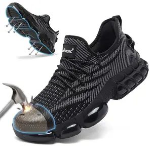 Men's/Women's Breathable Knit Safety Work Shoes, Steel Toe Puncture-Proof, Non-Slip Air Cushion Sole, Comfortable Work Sneakers