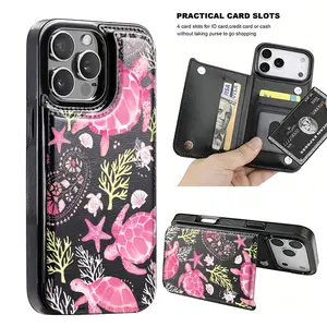 Elegant and stylish pink sea turtle and coral ocean-themed anti-drop leather card holder phone case,for iPhone 17 Pro Max Phone Case 17 Air 16 15 Plus 14 13 12 , Samsung Galaxy S25 ULTRA FE Plus S22 S23 FE S24 Plus