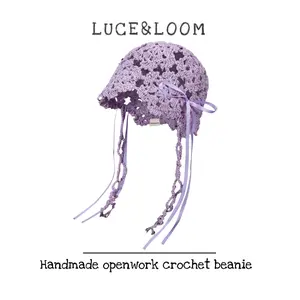 【LUCE&LOOM】Women’s Elegant Handcrafted Crochet Beanie Featuring Flowing Side Streamers and Bow Details Soft Breathable Openwork Sun Hat Ideal for Vacation Casual Daily Wear and Outdoor Events