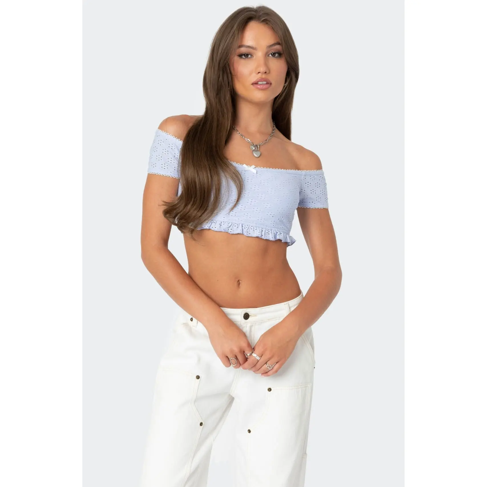 Off Shoulder Eyelet Crop Top