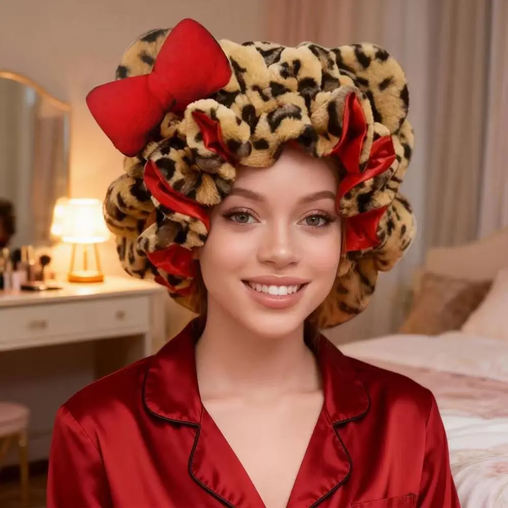 Teddy Leopard Print Cat Ear Headband Bonnet - Soft Plush Hair Band for Sleep & Skincare, Adjustable for All Head Sizes, Cute and Comfy Bedtime Hair Accessory