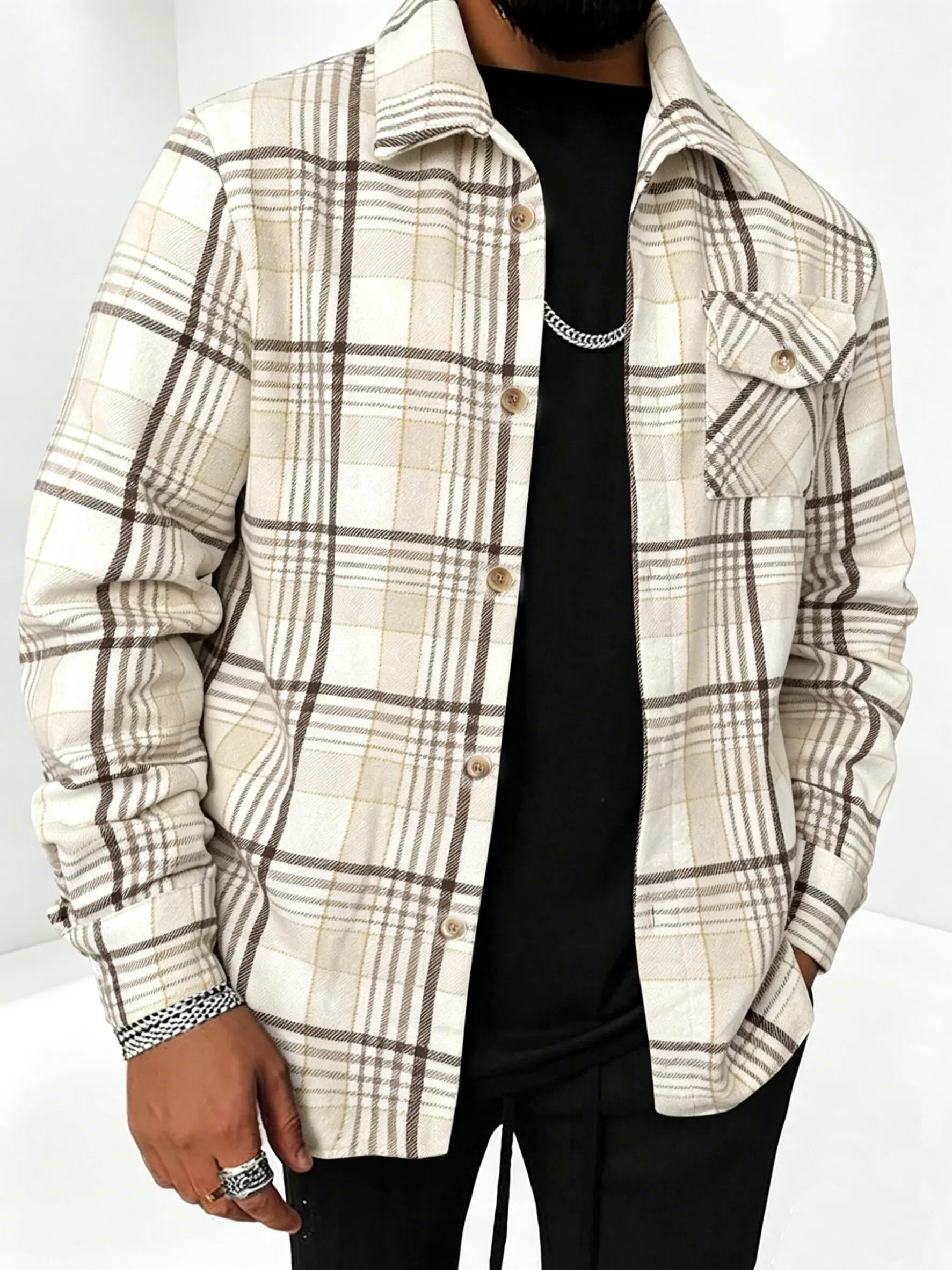 Men's Soft Stylish Classic Plaid Flannel Shirt Jacket - Long-Sleeve Retro Top for Casual Streetwear, Daily Outfits