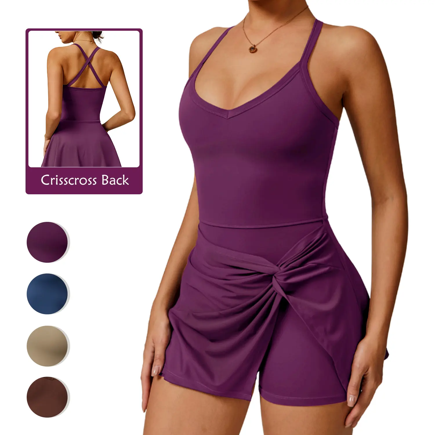 RIOJOY Women's U Neck Tennis Dress with Built-in Shorts, Twist Front Split Ruffle Active Dress, Crisscross Back Athletic Golf Dress for Workout Daily Casual Workoutdress