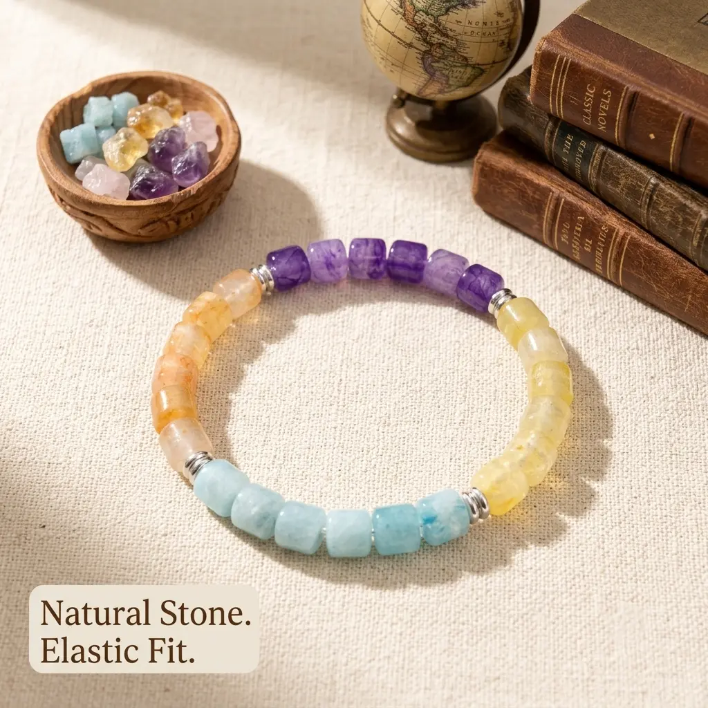 [Free 14K Gold Pendant] Unisex Colorful Rainbow Crystal Lucky Energy Bracelet - Natural Amethyst, Aquamarine, April Birthstone, Mind-Body Healing Balancer, Daily Fashion Accessory, Citrine Natural Crystal Bracelets & Anklets, Amethyst Natural Crystal Brac