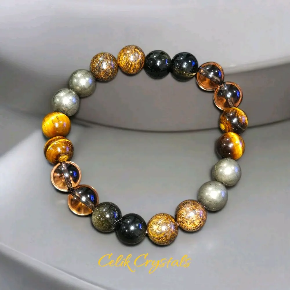 Celik Crystals Unisex 10mm Natural Stone Bracelet - Natural Pyrite, Tiger Eye, Smoky Quartz Beads, Durable Stretch Band, Energy Protection, Grounding, Anxiety & Stress Reliever, Abundance, Positive Energy, Adult Fit