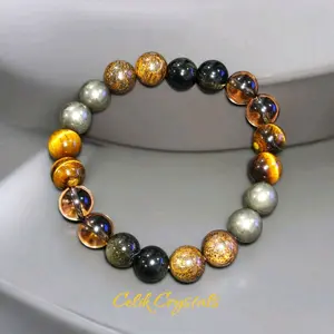 Energy Protection Bracelet 10mm - Pyrite, Bronzite, Smoky Quartz, Gold Obsidian, Unisex Healing Bracelet with Natural Stones Life Of Abundance Durable Stretch Band Anxiety Relief