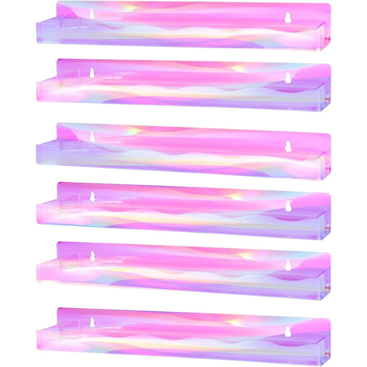 6-Pack Iridescent Acrylic Wall-Mounted Nail Polish Shelves, Removable Rainbow Floating Organiser Racks, Installation-Ready Storage for Tattoo Ink, Essential Oils