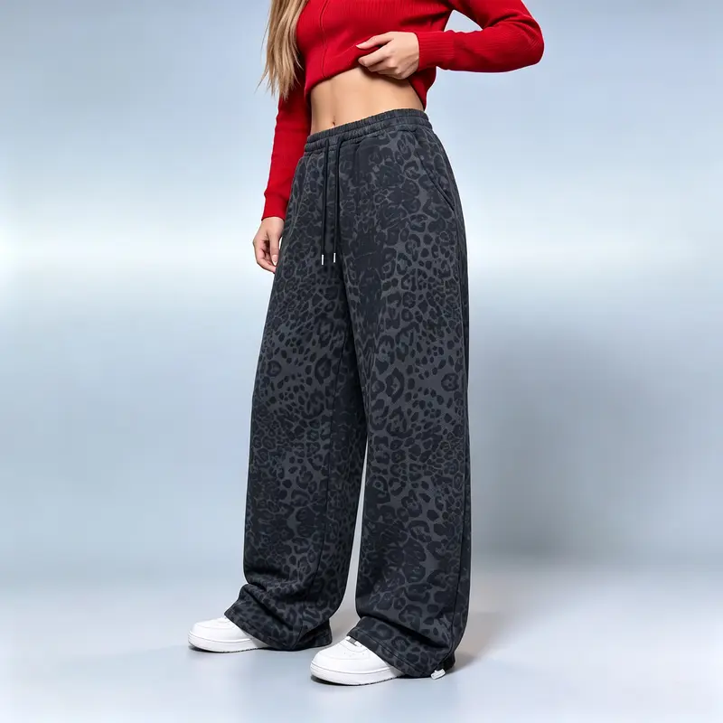 Women’s Autumn-Winter Leopard-Print Drawstring Wide-Leg Pants, Loose-Fit Casual Long Trousers for Street Style, Outings and Everyday Commuting