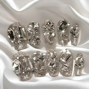 [FULLY ENCRUSTED DIAMOND]Diamonds Sparkle Gold-Plated Double-Layer Embossed Cat-Eye Gradient Advanced Handmade Press-on Nails Nail Art Sassy Stunning Elegant Luxurious Iridescent Glitter Butterfly fake nails nail stickers nail charms