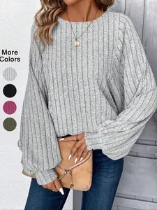Women's Comfortable Casual Batwing Sleeve Knit Top, Round Neck Long Sleeve Pullover for Daily Commute & Leisure Wear Knitwear