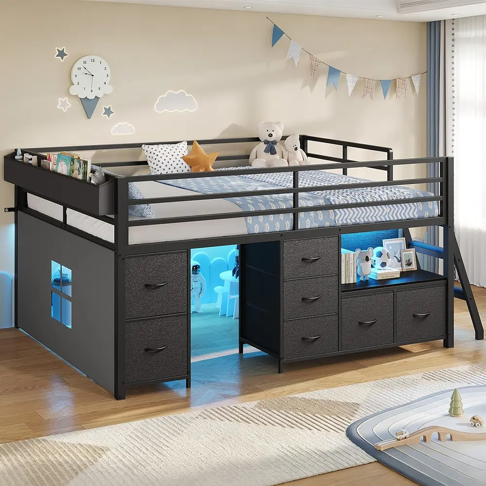 Sikaic Full Size Low Loft Bed with 7 Drawers, Bookcase & LED Lights, Metal Loft Bed with 14" High Guardrails, Inclined Ladder, Play Curtain & Under-Bed Play Space, Black