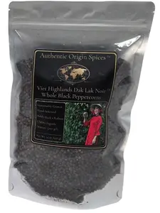 Whole Organic Peppercorns - Viet Highlands Dak Lak Noir from Authentic Origin Spices. Grown in Vietnam in Rainforest Alliance Certified farms and Packaged in the USA in high quality US made Mylar bags with strong zipper seals for freshness.