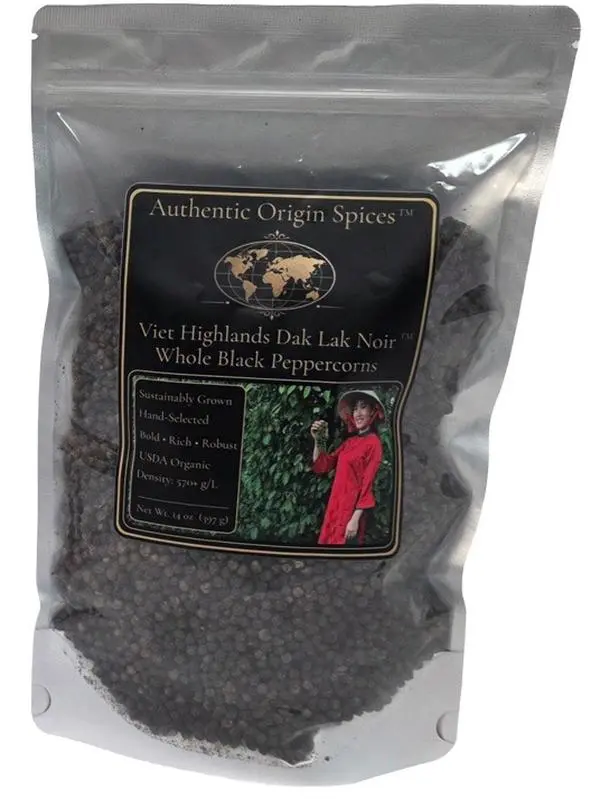 Whole Organic Peppercorns - Viet Highlands Dak Lak Noir from Authentic Origin Spices. Grown in Vietnam in Rainforest Alliance Certified farms and Packaged in the USA in high quality US made Mylar bags with strong zipper seals for freshness.