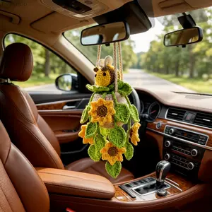 2026 New Cottagecore Handmade Crochet Sunflower Bee Hanging Charm Lightweight Yarn Craft Cute Girly Style Exquisite Car Rearview Mirror Ornament Stylish Interior Trinket Practical Decorative Gift Perfect Christmas Holiday Present For Female Car Lovers