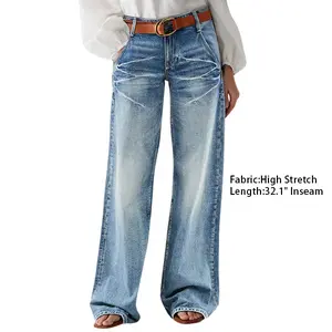 Flamingals Wash Mid Waist Straight Leg Jeans Comfort Pocket Womenswear Bottom Streetwear Denim
