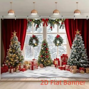 Christmas Window Snow Scene Backdrop Banner 1pc 2D Flat Photography Cloth for Holiday Photos Decorations Universal Polyester Multipurpose Party Event Outdoor Celebration