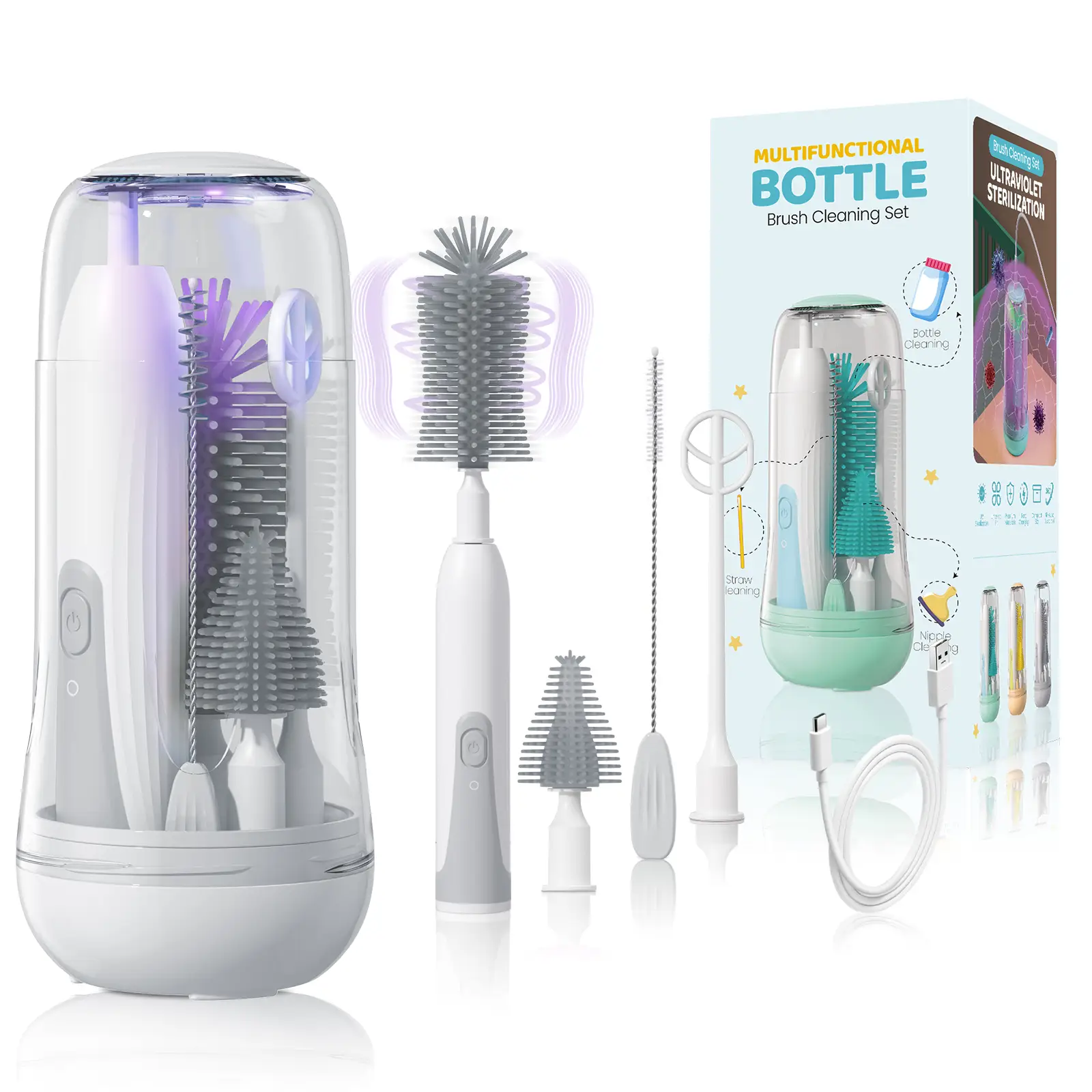 Orzbow Electric Travel Baby Bottle Brush Set with Storage Box, Automatic Bottle Cleaner Brush Kit with Silicone Bottle/Nipple/Straw Brush, Milk Frothe