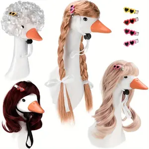 4pcs Porch Goose Wigs with Braided Hair & 4pcs Clips - Cute Lawn Goose Statue Costume for Outdoor Garden, Patio, Yard Decor - Durable Fabric, No Batteries Needed, Perfect for Halloween & Home Decoration, Garden Decorations, Patio Decoration