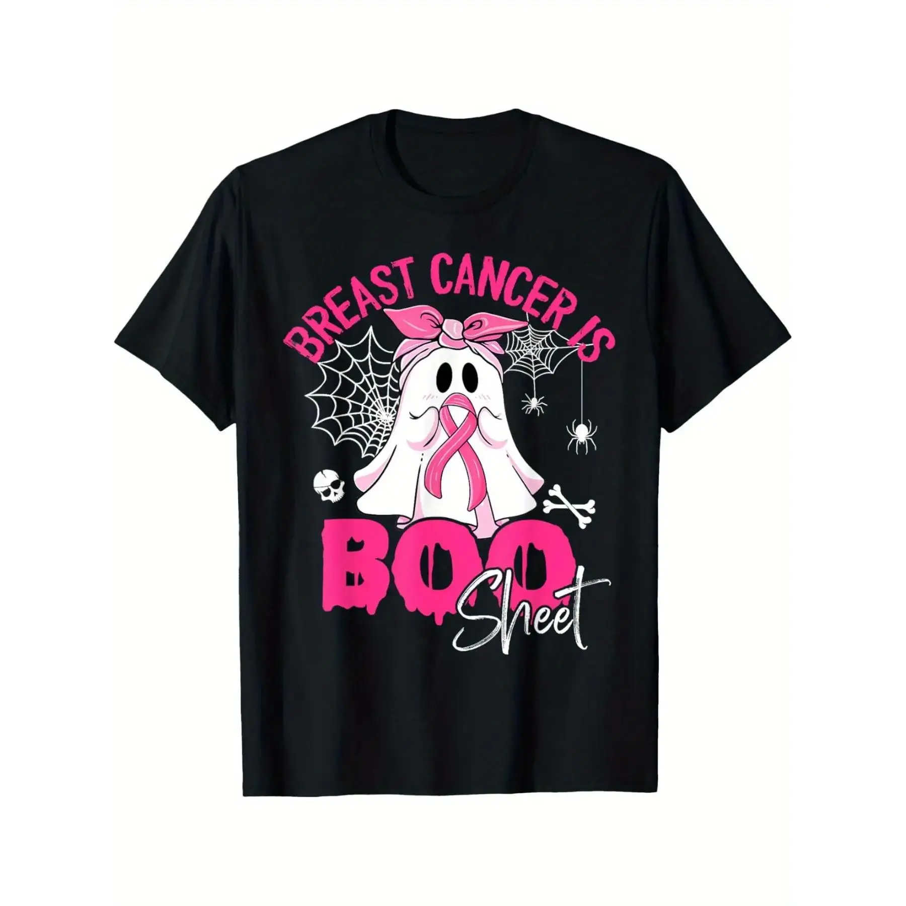 Breast Cancer Awareness Sheet Graphic T-Shirt - Pink "Breast Cancer Is Boo Sheet" Design, Comfortable Cotton Blend Casual Short Sleeve Tee for Casual Attire, Breast Cancer Awareness Items y2k  outfits  men time  tee  double  graphic tee Vintage Oversized