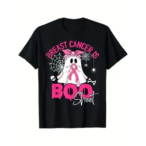 Breast Cancer Awareness Sheet Graphic T-Shirt - Pink "Breast Cancer Is Boo Sheet" Design, Comfortable Cotton Blend Casual Short Sleeve Tee for Casual Attire, Breast Cancer Awareness Items y2k  outfits  men time  tee  double  graphic tee Vintage Oversized