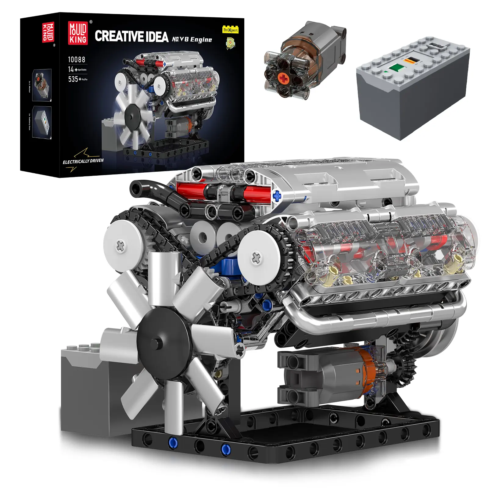 Mould King 10088 Realistic V8 Engine ABS Plastic Building Block Motor Model Kit, 535 Pcs Collectibles - DIY STEM Project, 7.6 x 5 x 5 Inches Gift for 12+ Teens/Adults, Father's Day Hanukkah Toy, Bricks & Parts