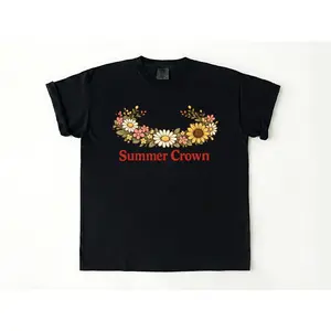 Women's summer floral crown Graphic T-Shirt - Short Sleeve Crew Neck Regular Fit Casual Wear | Soft & Breathable Fabric, Durable Print, Everyday Comfort, Machine Washable, cottagecore casual wear with nature-inspired design