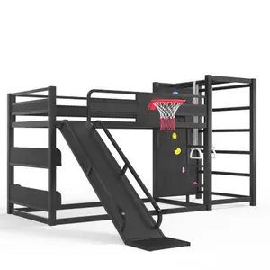Bellemave  Metal loft/bunk bed with basketball hoop, pull tab, climbing wall, and built-in bookshelf. Amusement design featuring slides