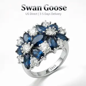 S925 Sterling Silver Blue Pave Gemstone Statement Adjustable Rings with Flower Design for Women Men，Chunky Dome Ring Birthday Mother's Day Jewelry Rings