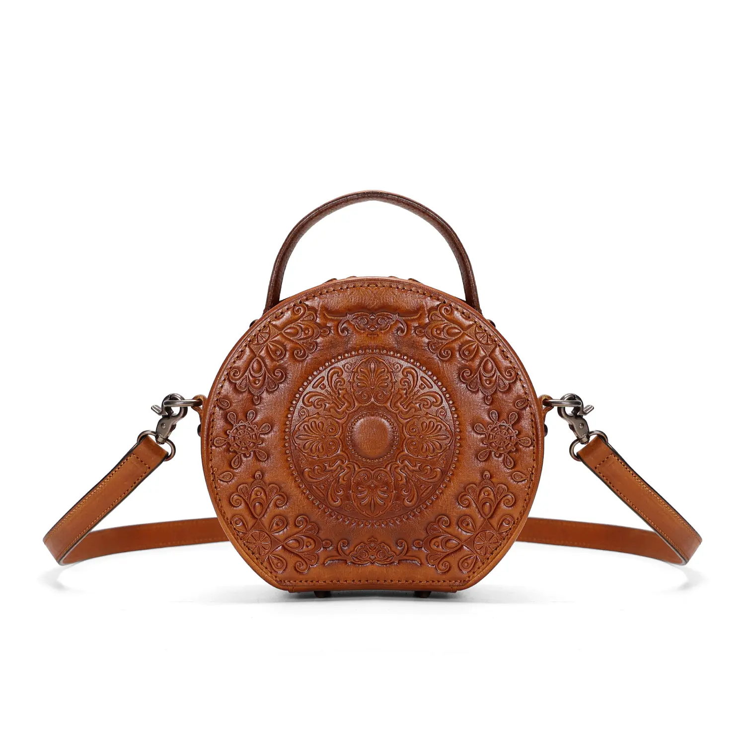 SADI Vintage Women’s Genuine Leather Handbag, Round Drum Design, 2026 New Fashion, Embossed, Carry by Hand/Shoulder/Crossbody summerwins