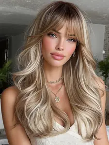 Natural Look Synthetic Wig with Bangs, Heat Resistant Fiber Hair, Perfect for Daily Use, Parties, Christmas, Long Curly Dye