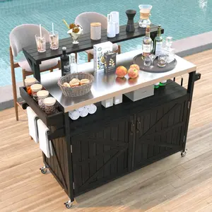 53.3" Outdoor Kitchen Island with Raised Shelf, Solid Wood Storage Cabinet with Stainless Steel Top, Outdoor Rolling Grill Cart with Internal Storage Rack, Adjustable Shelf, Spice Rack, Black