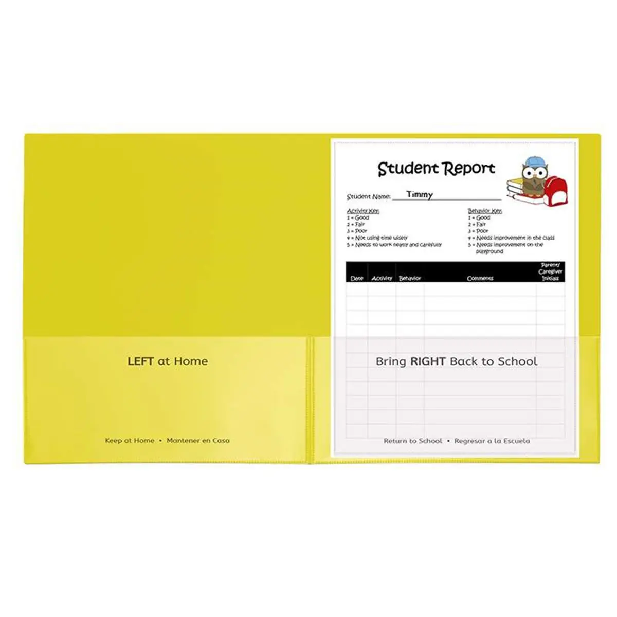 C-Line Products Durable Classroom Connector Folders, 25 per Box, Yellow, Bilingual English and Spanish, Clear-View Front & Back Cover, Custom Inserts, Acid-Free Polypropylene, Parents, Pocket Left